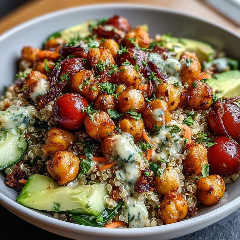 Healthy Lemon Vinaigrette Grain Bowls with Roasted Chickpeas loaded with crunchy vegetables, hearty grains, and bright citrus dressing for a nourishing meal.
