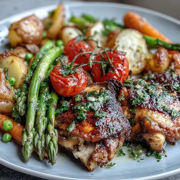 Healthy roasted chicken and spring veggies, drizzled with lemon-herb marinade for bright flavor.