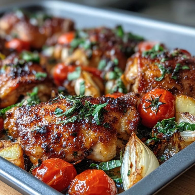 Easy one-pan chicken dinner with tender zucchini, sweet cherry tomatoes, and savory herbs, ideal for weeknights.  