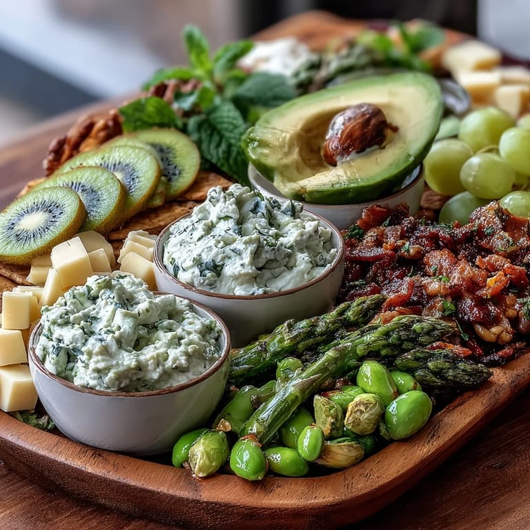 Colorful St. Patrick's Day green food board featuring crisp apples, grapes, cucumbers, cheeses, and crunchy snacks in every bite.