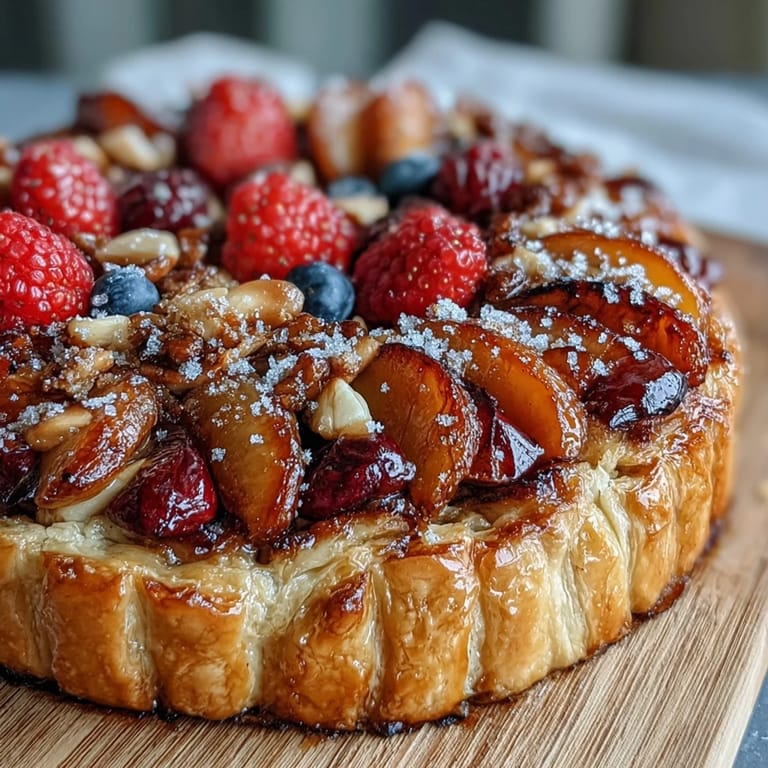 Rustic galette with almond frangipane base, topped with vibrant summer stone fruits, baked to golden perfection in a free-form buttery crust.