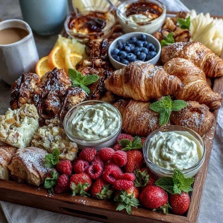 Elegant Mothers Day brunch board featuring assorted mini pastries, juicy fruit, and classic mimosas - perfect for a special morning gathering.