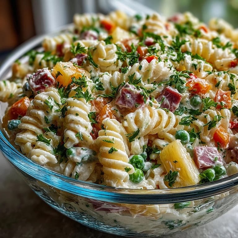 Sweet pineapple, savory ham, and crunchy veggies tossed in ranch dressing make this Hawaiian pasta salad a tropical delight.