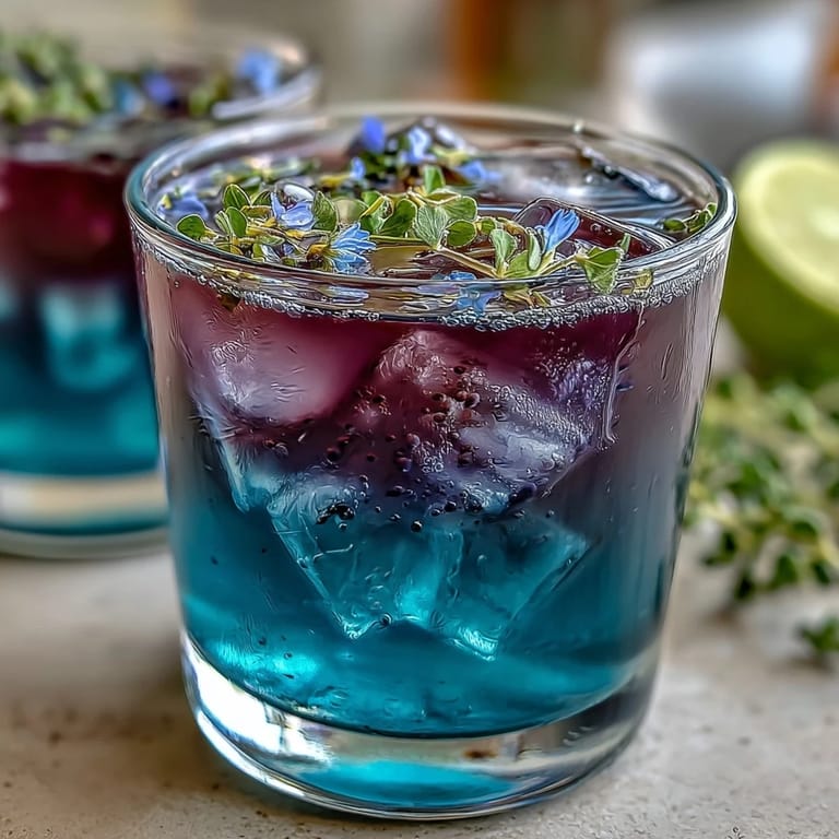 Magical blue-to-purple butterfly pea flower lemonade with ice, lemon garnish, and a citrus twist.
