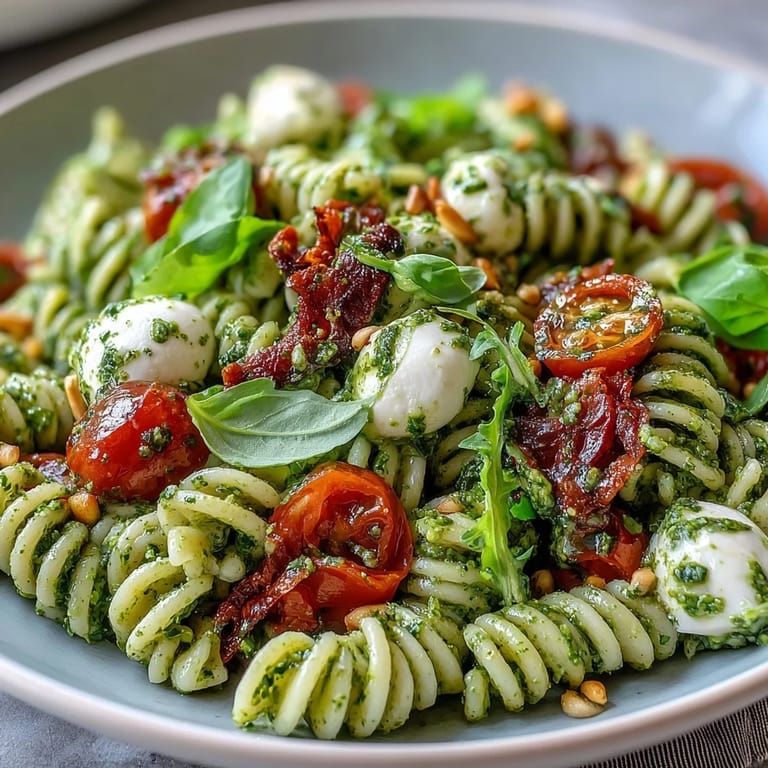 Vibrant pesto pasta salad featuring juicy cherry tomatoes and creamy mozzarella, perfect for picnics or a light vegetarian meal.