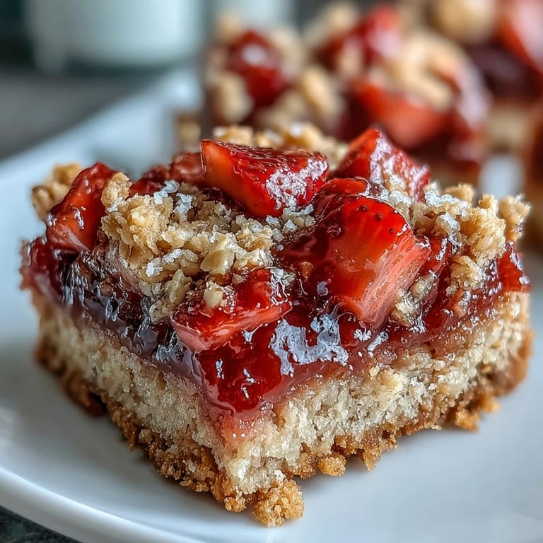 Deliciously baked Strawberry Rhubarb Crumble Bars with a tender oat topping.