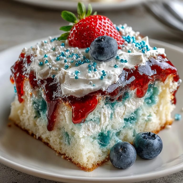 Festive red, white, and blue poke cake slices ready for holiday snacking.