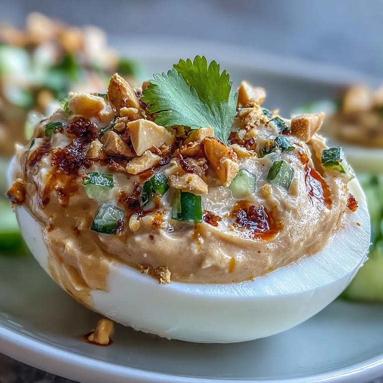 Savory deviled eggs with Thai peanut sauce and a cool cucumber relish garnish.