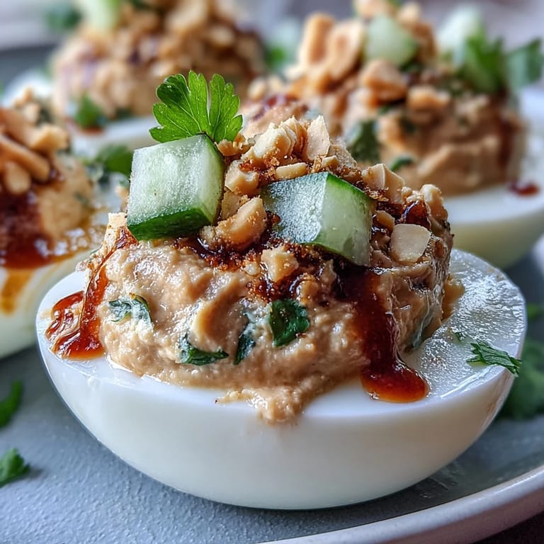 Flavorful Thai peanut deviled eggs, a perfect appetizer with crunchy peanut topping.