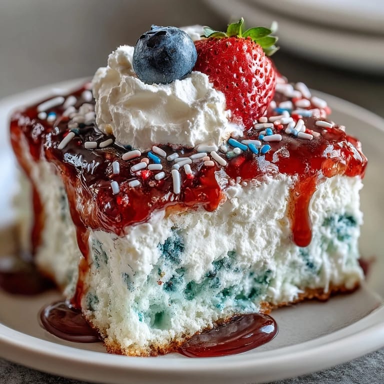 Vibrant swirled Red White Blue Poke Cake, adorned with patriotic sprinkles.
