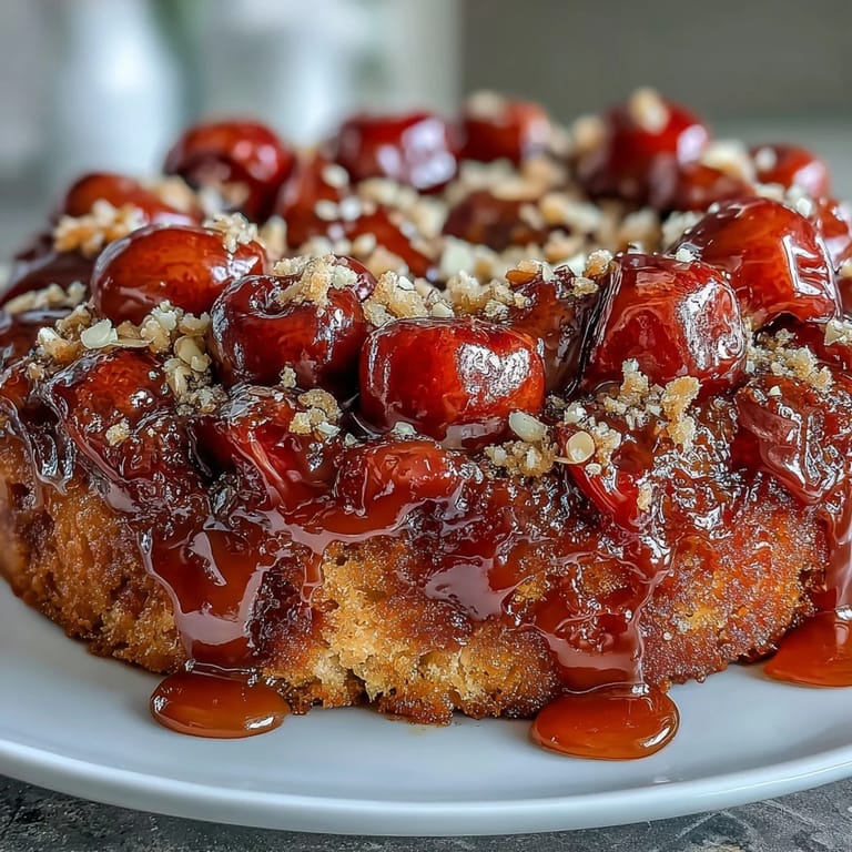Moist, sweet cherries jewel this caramelized Cherry Almond Upside-Down Cake dessert.