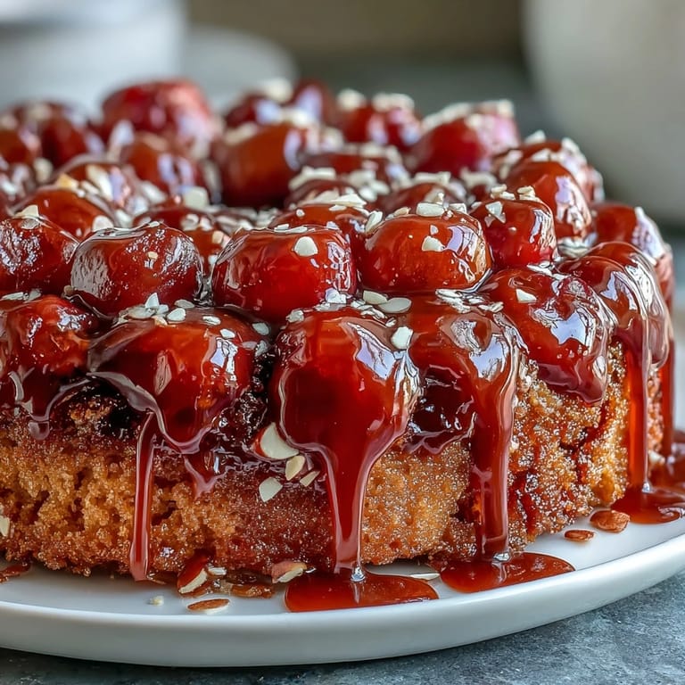 Flavorful Cherry Almond Upside-Down Cake, moist and bursting with fruit, perfect for any occasion.