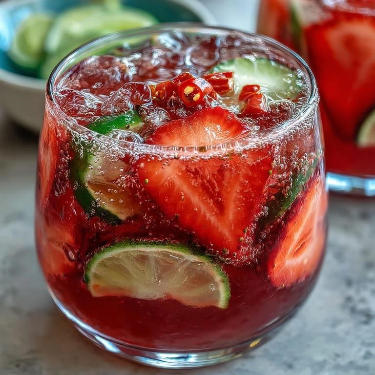 Beautiful strawberry chili limeade mocktail garnished beautifully, bursting with fresh flavors.