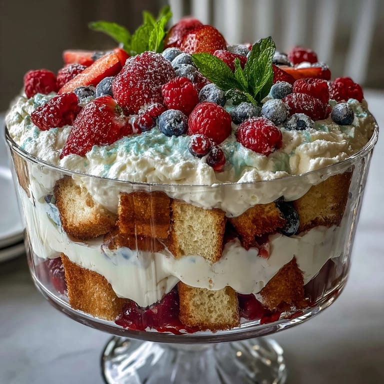 Festive Red White Blue Berry Trifle, a visually stunning summer celebration sweet.