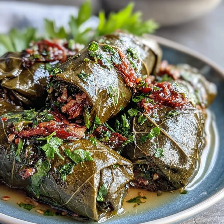 Close-up of Kurdish Dolma, glistening with juices, perfectly rolled and cooked.
