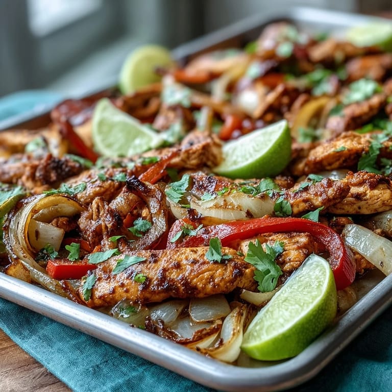 Flavorful sheet pan chicken fajitas, perfectly seasoned with tender vegetables, ideal for taco night.