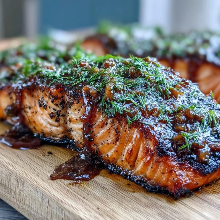Grilled cedar plank salmon, perfectly cooked and coated in a sweet, tangy maple Dijon sauce.