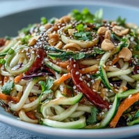Bright, colorful spiralized zucchini and carrot noodles tossed in a zesty sesame-ginger dressing in a white bowl, garnished with toasted sesame seeds and fresh cilantro.