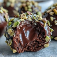 Velvety homemade Chocolate Truffles coated in cocoa powder and chopped nuts on a dark plate.