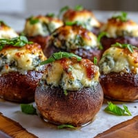 Freshly baked Stuffed Asiago-Basil Mushrooms topped with golden, bubbly cheese, resting on a rustic wooden board with fresh basil leaves.