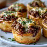 Golden, flaky Mini Beef Tourtières on a rustic wooden board, garnished with fresh parsley. 
