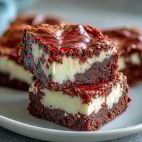 Freshly baked Red Velvet Cheesecake Brownies with a vibrant red swirl and creamy white cheesecake layer, served on a wooden board.