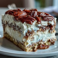 Creamy Butter Pecan Tres Leches Cake layered with whipped cream and toasted nut topping, served chilled.