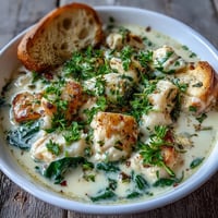 Creamy Garlic Parmesan Chicken Soup with tender chicken in a rich velvety broth, garnished with fresh parsley and extra cheese.