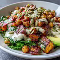 Vibrant roasted sweet potato and chickpea bowl with crispy chickpeas and garlicky spinach, drizzled with smoky chipotle tahini dressing.