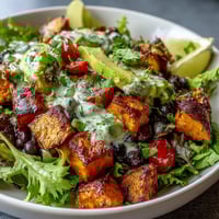 A vibrant sweet potato and black bean bowl with roasted veggies, avocado, and zesty lime dressing for a nourishing meal.  