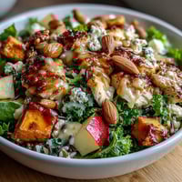 Harvest bowl with roasted chicken, sweet potatoes, kale, apples, almonds, and goat cheese in balsamic dressing.