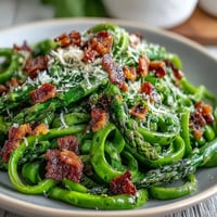 Crisp shaved asparagus and sweet peas tossed with zesty lemon dressing in a vibrant spring salad.  