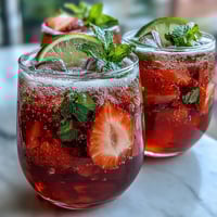 A vibrant strawberry lemon sparkling mocktail with fresh berries and mint garnish in chilled glasses.