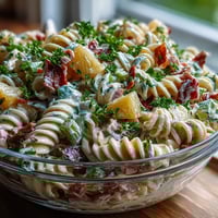 A colorful Hawaiian pasta salad with ham, pineapple, and creamy ranch dressing, perfect for summer picnics.