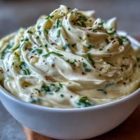 Creamy garlic aioli in a bowl, perfect for dipping fries or spreading on sandwiches.
