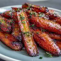 Golden honey-glazed roasted carrots with fresh thyme, caramelized to perfection and glistening with a sweet, savory coating.