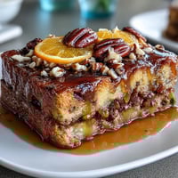 Golden capirotada Mexicana with toasted bread, piloncillo syrup, and melted cheese bubbling on top.