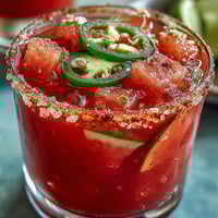 Vibrant Cinco de Mayo Watermelon Jalapeño Margarita Mocktail chilled in salt-rimmed glasses.