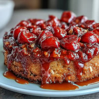Glistening Cherry Almond Upside-Down Cake with caramelized topping, ready to be sliced.