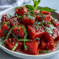 Fricy Watermelon Chili Lime Salad with Mint, vibrant and bursting with cool, sweet, and spicy flavors.