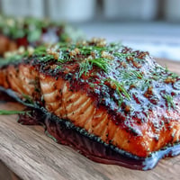 Succulent cedar plank salmon drizzled with glistening maple Dijon glaze, ready to serve.